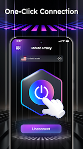 MoMo Proxy VPN one-click connection and speed test interface on Android
